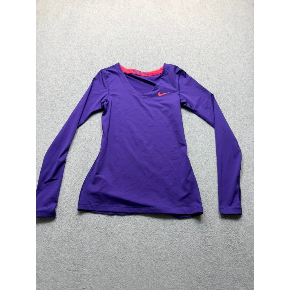 Nike Pro Women Purple Pink Long Sleeve V-Neck Compression Athletic Top Small